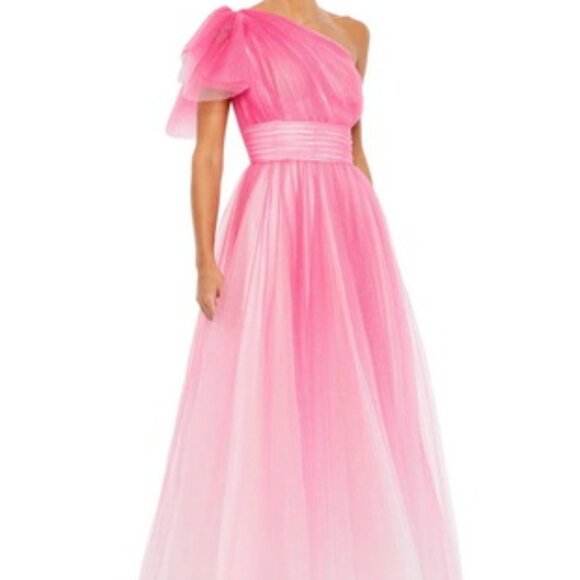 Mac Duggal Hot Pink Ombre Sparkle One-Shoulder Tulle Ball Gown - Picture 1 of 5